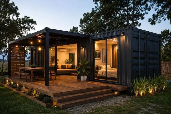 Deck e área de convivência de projeto residencial em container, com sala e quarto integrados