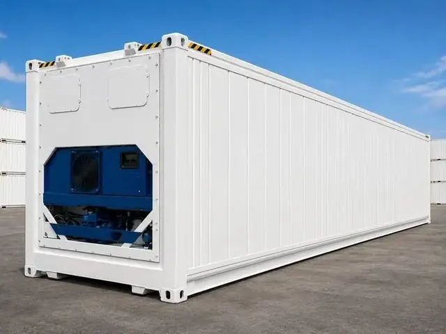 Container refrigerado (reefer) branco com unidade de refrigeração