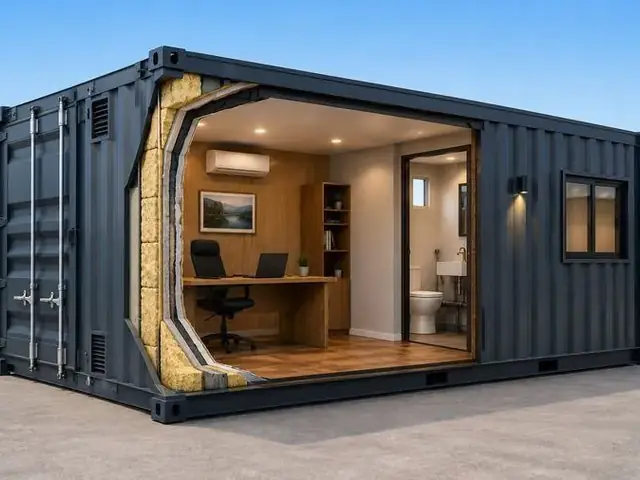 Corte de container mostrando isolamento térmico e ambiente interno adaptado