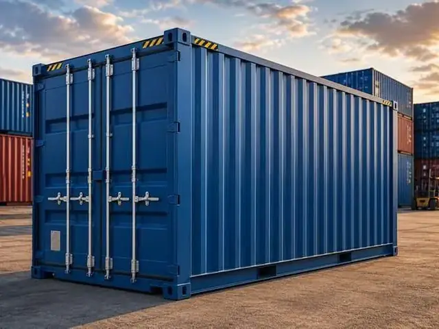 Container marítimo modelo Dry na cor azul, fechado, sobre pátio de armazenamento
