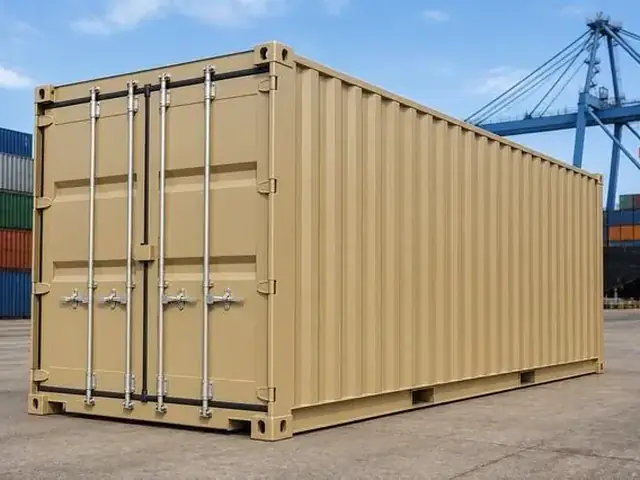 Container marítimo na cor bege em pátio portuário, com guindaste ao fundo