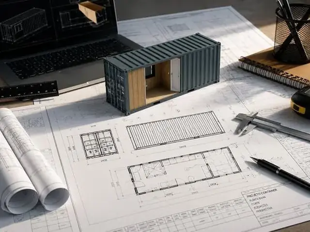Planta baixa e maquete de projeto em container sobre mesa de trabalho, com notebook e instrumentos de medição