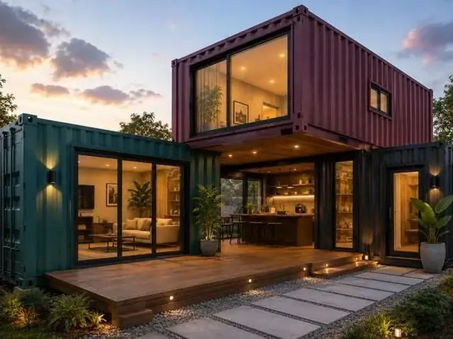 Casa container de dois pavimentos com módulos em cores diferentes, exemplo de projeto personalizado