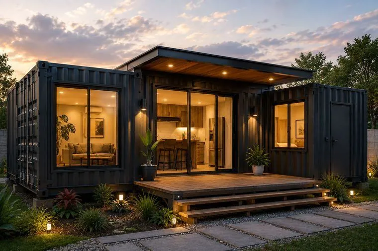 Casa container com dois módulos, deck de madeira e varanda integrada