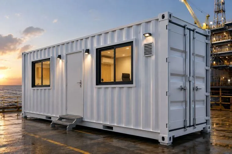 Container habitável sendo transportado para operação offshore